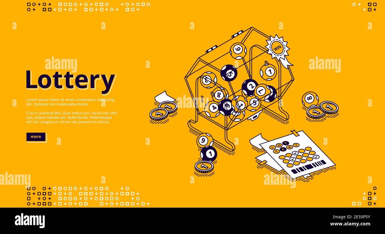 Lotteriebanner. Glücksspiel, gewinnen Sie in Bingo-Spiele-Konzept. Vektor Landing Page von Spielen des Glücks mit isometrischer Illustration von Lotto-Maschine, Bälle mit Zahlen, Tickets und Geld Stock Vektor