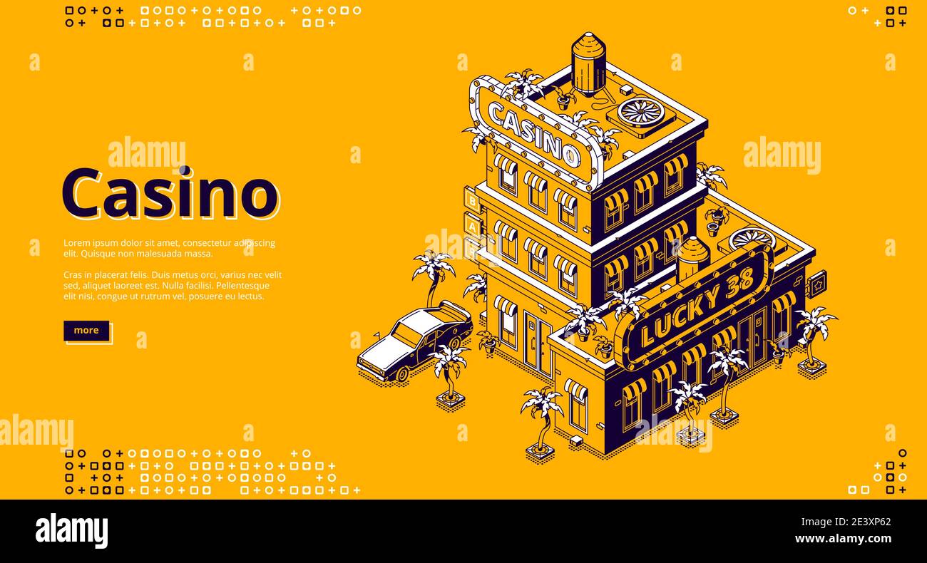 Casino-Banner. Entertainment Club mit Glücksspiel, Poker, Roulette. Vektor-Landing-Page mit isometrischer Illustration des Kasinogebäudes mit Beschilderung, Auto und Palmen auf gelbem Hintergrund Stock Vektor