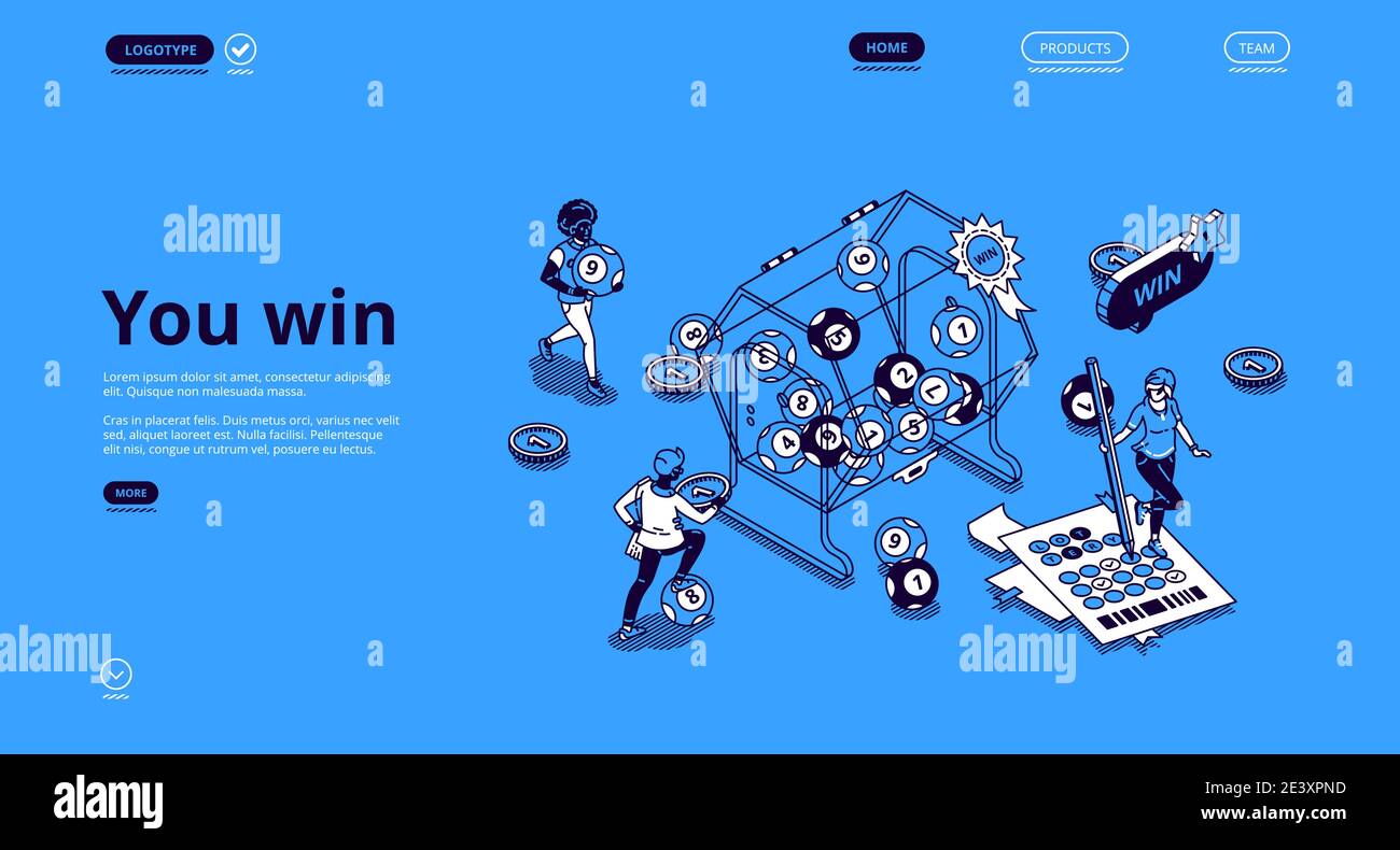 Lotterie gewinnen isometrische Landing Page mit winzigen Menschen um der riesigen Trommel mit Kugeln Rollen innen. Glück und Glück Konzept mit Charakter Füllung Ticket und Verlosung. 3d-Vektor-Linienkunst Webbanner Stock Vektor