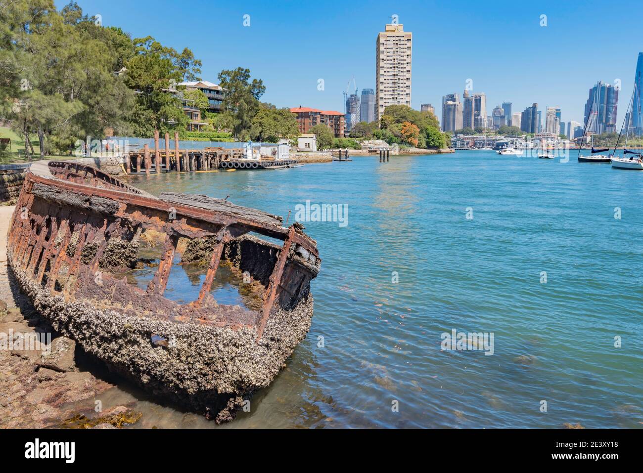 Das Wrack des alten Maritime Services Board (MSB) Hopper Barge am nördlichen Ufer des Sydney Harbour bei Sawmillers Reserve, North Sydney, Australien Stockfoto