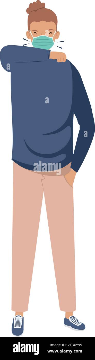 Covid Prävention, junger Mann trägt medizinische Maske Husten im Unterarm Vektor Illustration Design Stock Vektor
