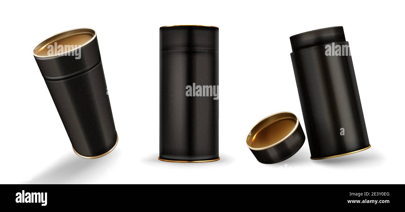 Kraftpapier-Röhrenboxen Mockup, geschlossene und offene Kartonzylinder in gesprenkelter schwarzer Farbe, leere Behälter für Branding aus Bastelpapier isoliert auf weißem Hintergrund, realistisches 3d-Vektor-Mock-up-Set Stock Vektor