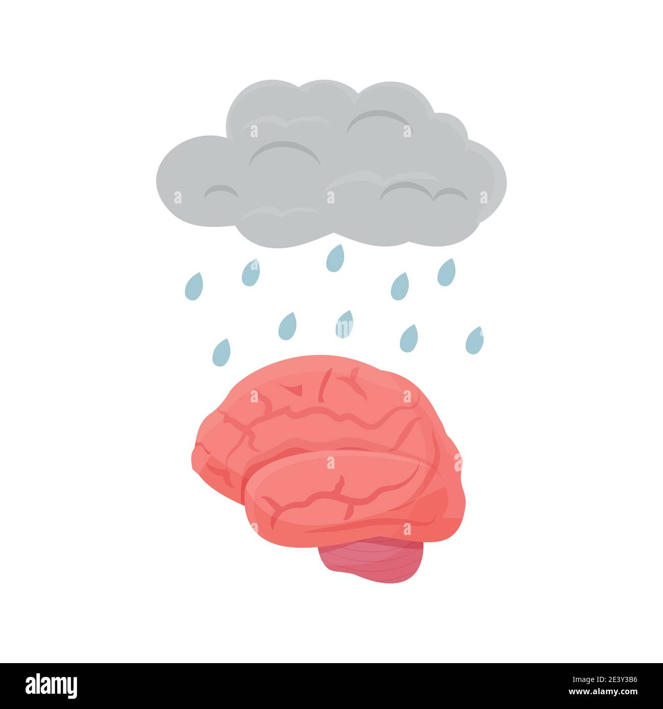 Metapher Wolke mit Regentropfen und menschlichen Gehirn Organ isoliert auf weißem Hintergrund. Stress, Sorge, Ärger und psychische Gesundheit Konzept. Psychologie Symptome Symbol. Vektorgrafik Stock Vektor