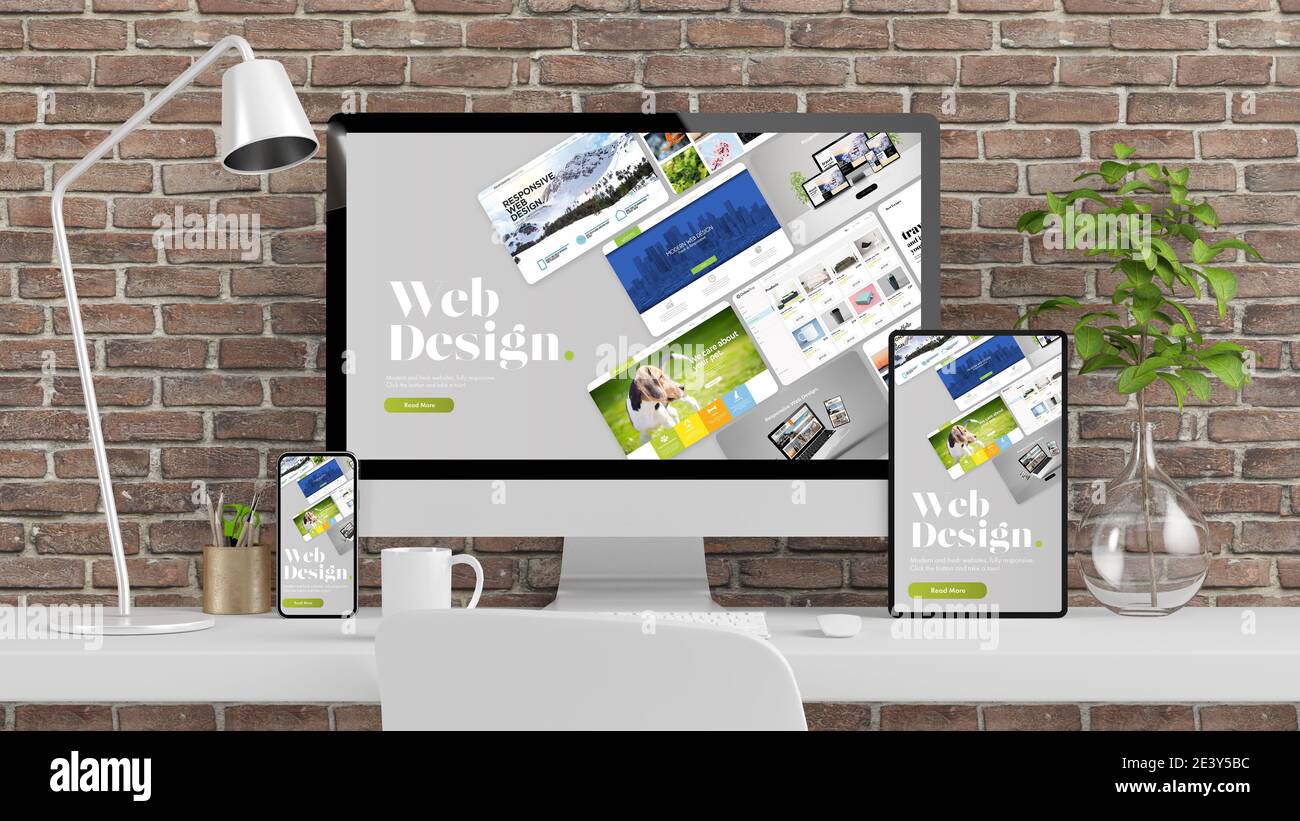 Reaktionsschnelle Geräte auf Bricks Desktop 3d-Rendering Stockfoto