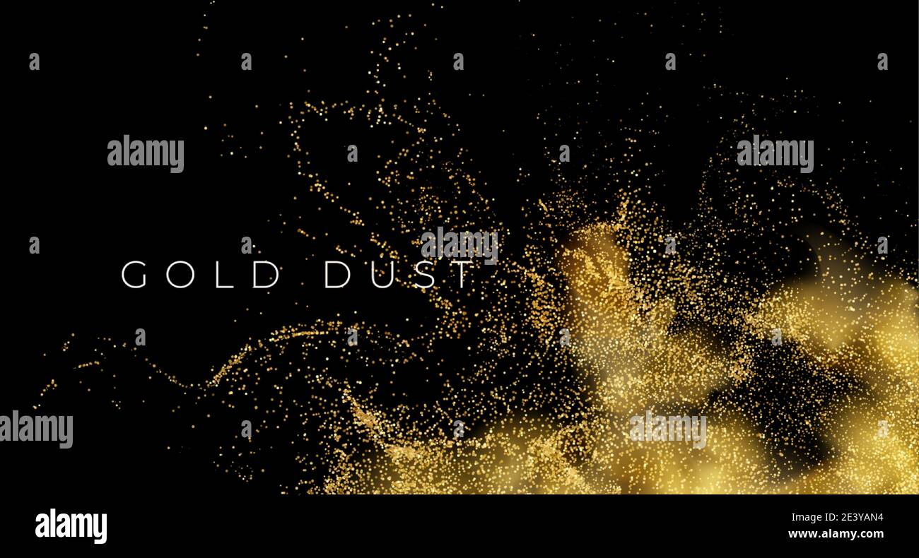 Gold Pailletten Glitter Staub isoliert auf schwarzem Hintergrund. Vektorgrafik Stock Vektor