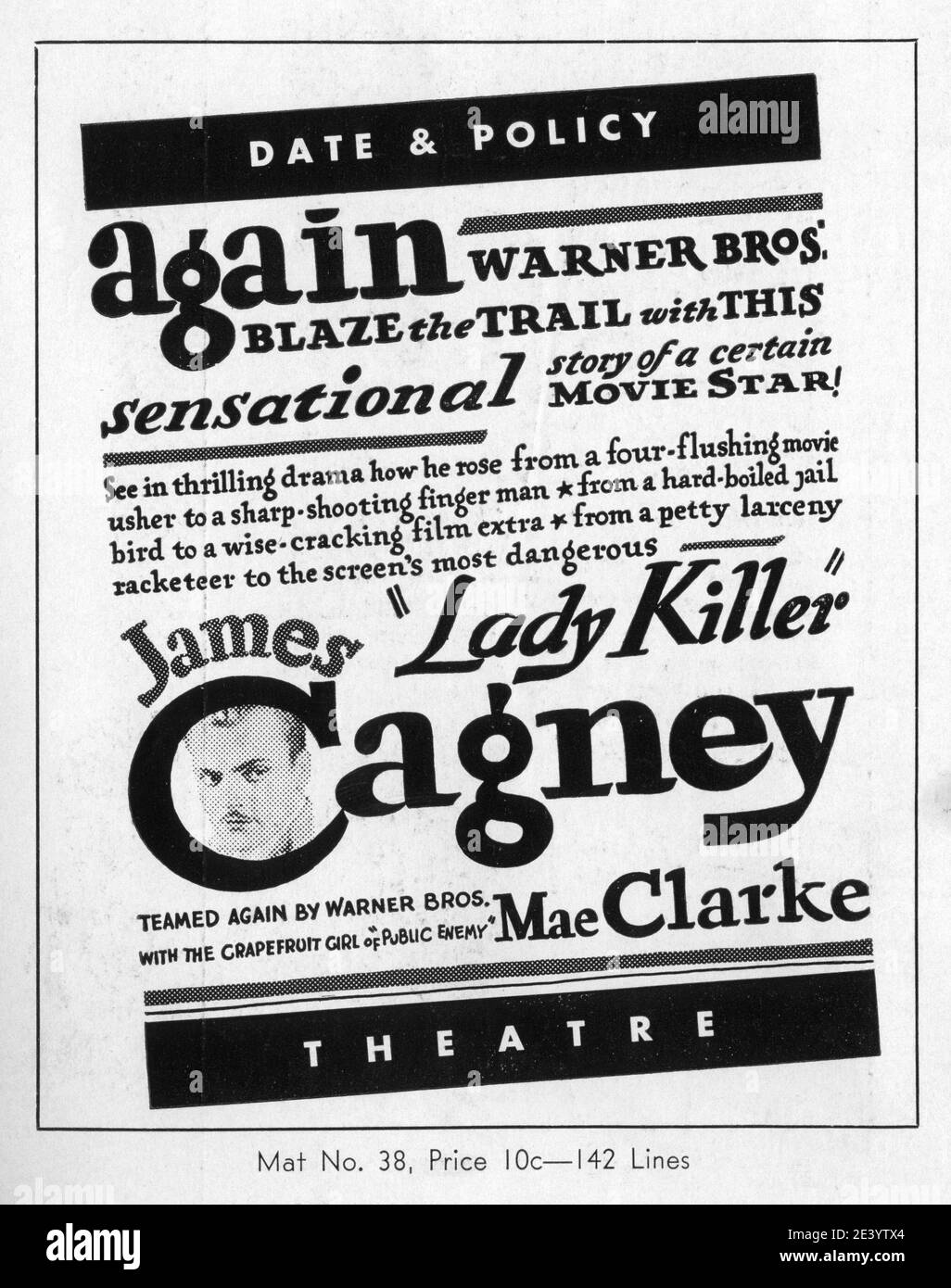 JAMES CAGNEY in LADY KILLER 1933 Regisseur ROY DEL RUTH Story The Finger man von Rosalind Keating Shaffer Kostümdesign Orry-Kelly Warner Bros. Stockfoto