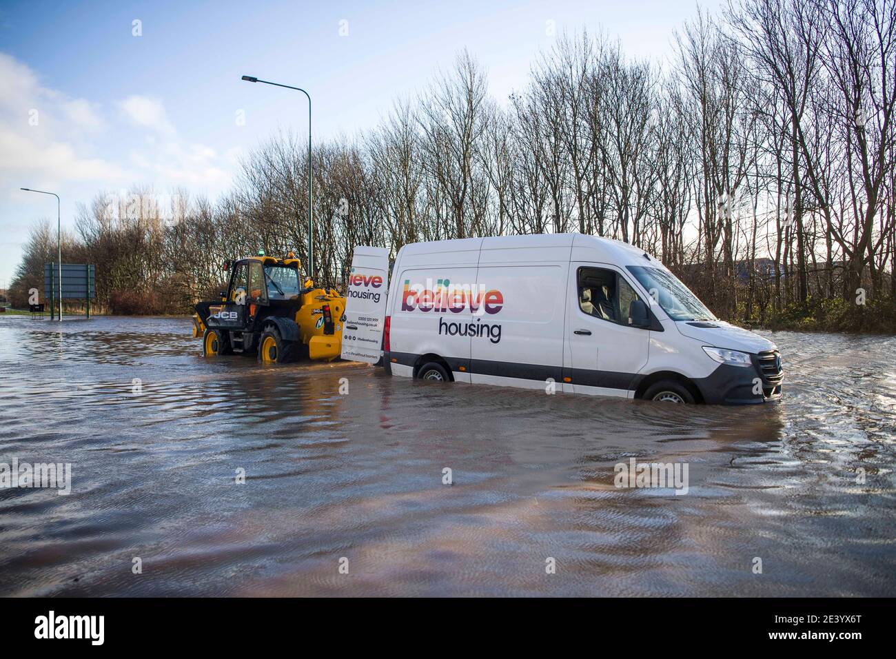 Trunk Road, Middlesbrough, Großbritannien. Donnerstag, 21. Januar 2021: Sturm Christoph hat Teile von Teeside und Cleveland über Nacht und durch diese m geschlagen Stockfoto