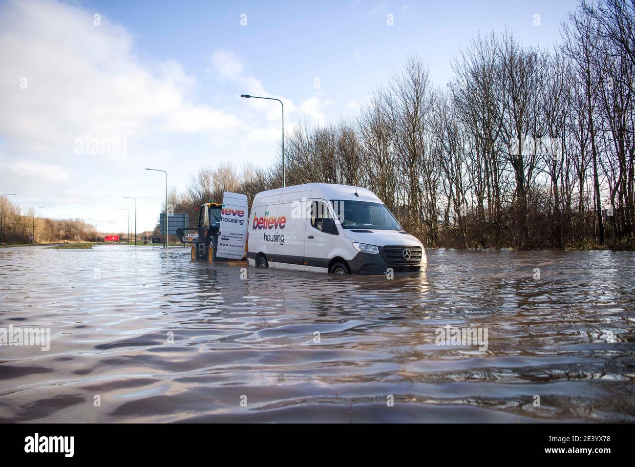 Trunk Road, Middlesbrough, Großbritannien. Donnerstag, 21. Januar 2021: Sturm Christoph hat Teile von Teeside und Cleveland über Nacht und durch diese m geschlagen Stockfoto