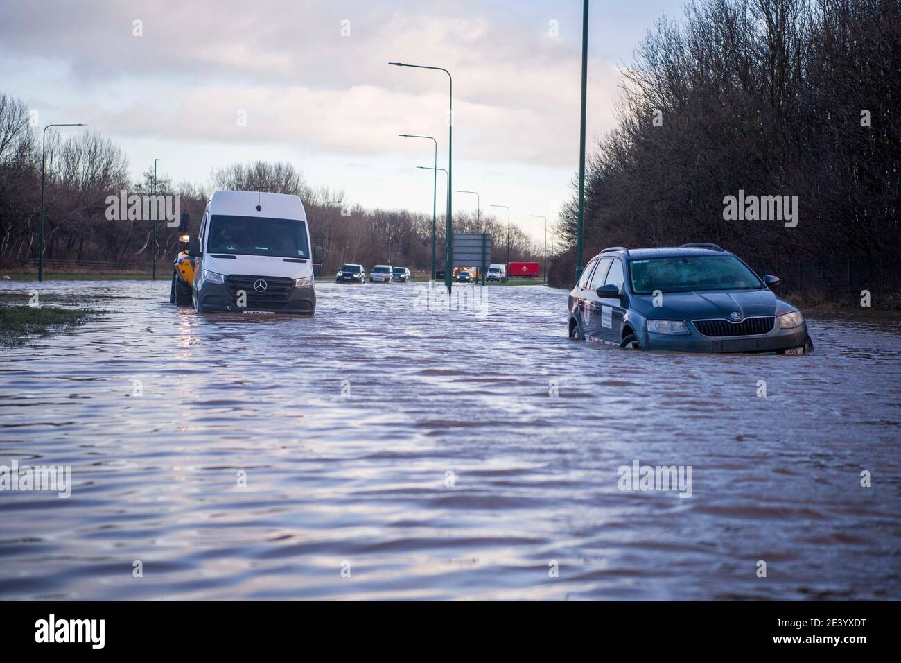 Trunk Road, Middlesbrough, Großbritannien. Donnerstag, 21. Januar 2021: Sturm Christoph hat Teile von Teeside und Cleveland über Nacht und durch diese m geschlagen Stockfoto