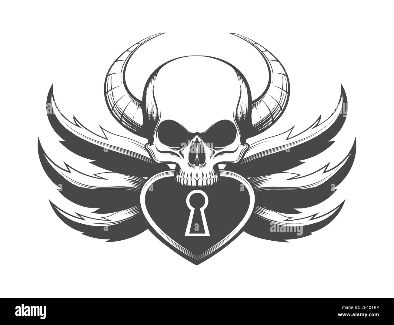 Tattoo of Skull mit Hörnern und Vorhängeschloss. Vektorgrafik Stock Vektor
