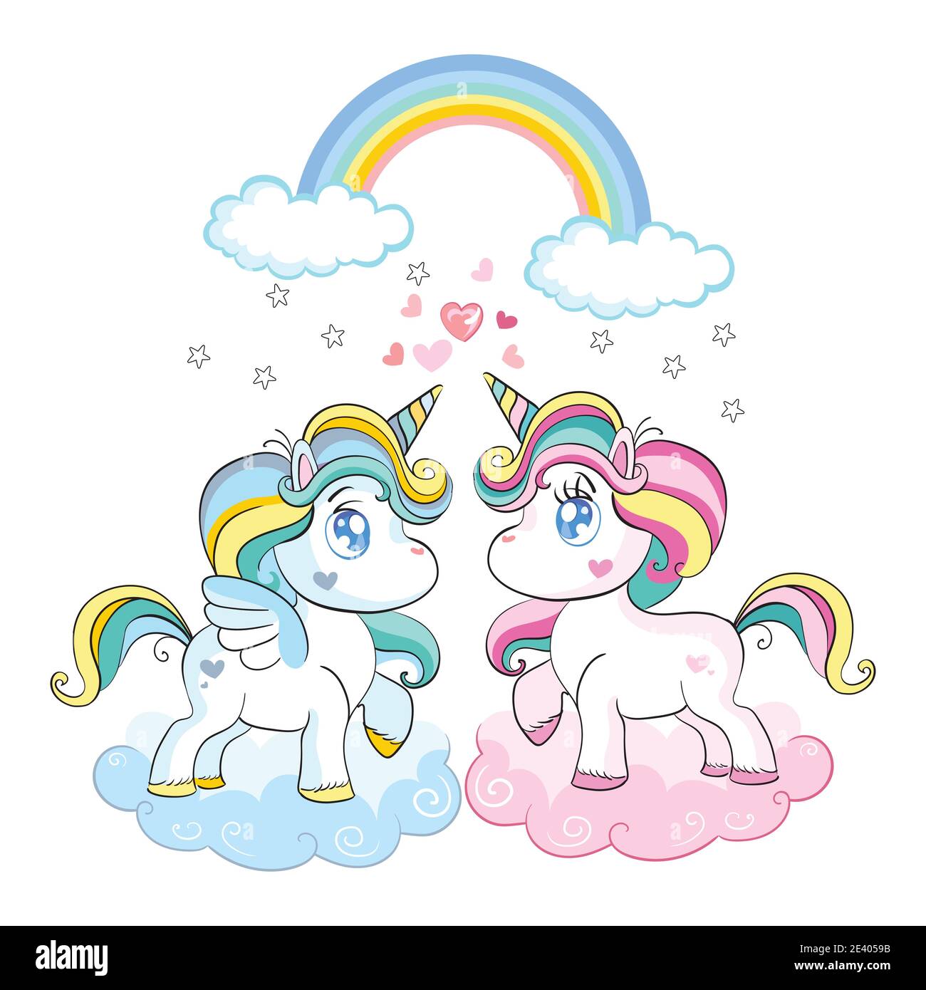Vektor-Illustration kawai niedlichen Cartoon Einhörner stehen auf Wolken mit Regenbogen isoliert auf einem weißen Hintergrund. Für Party, Sticker, Stickerei, Design Stock Vektor