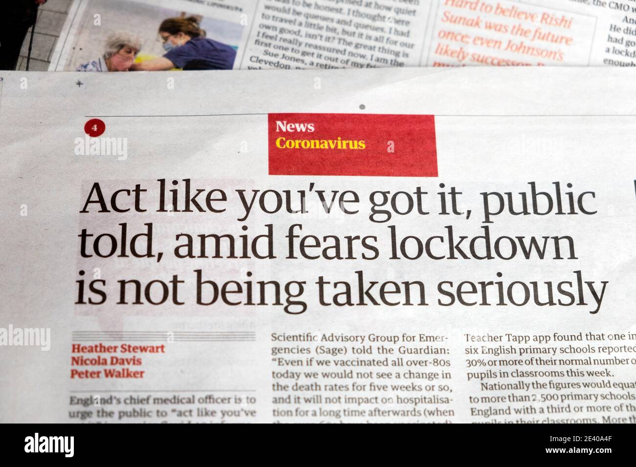 "Handeln Sie so, als ob Sie es haben, erzählt die Öffentlichkeit, inmitten der Befürchtungen, dass Lockdown nicht ernst genommen wird" Guardian Headline newspaper inside page on14 January 2021 UK Stockfoto