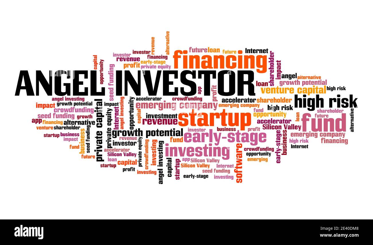 Angel Investor Konzept. Engel investieren Wort Wolke Zeichen. Startfinanzierung. Stockfoto