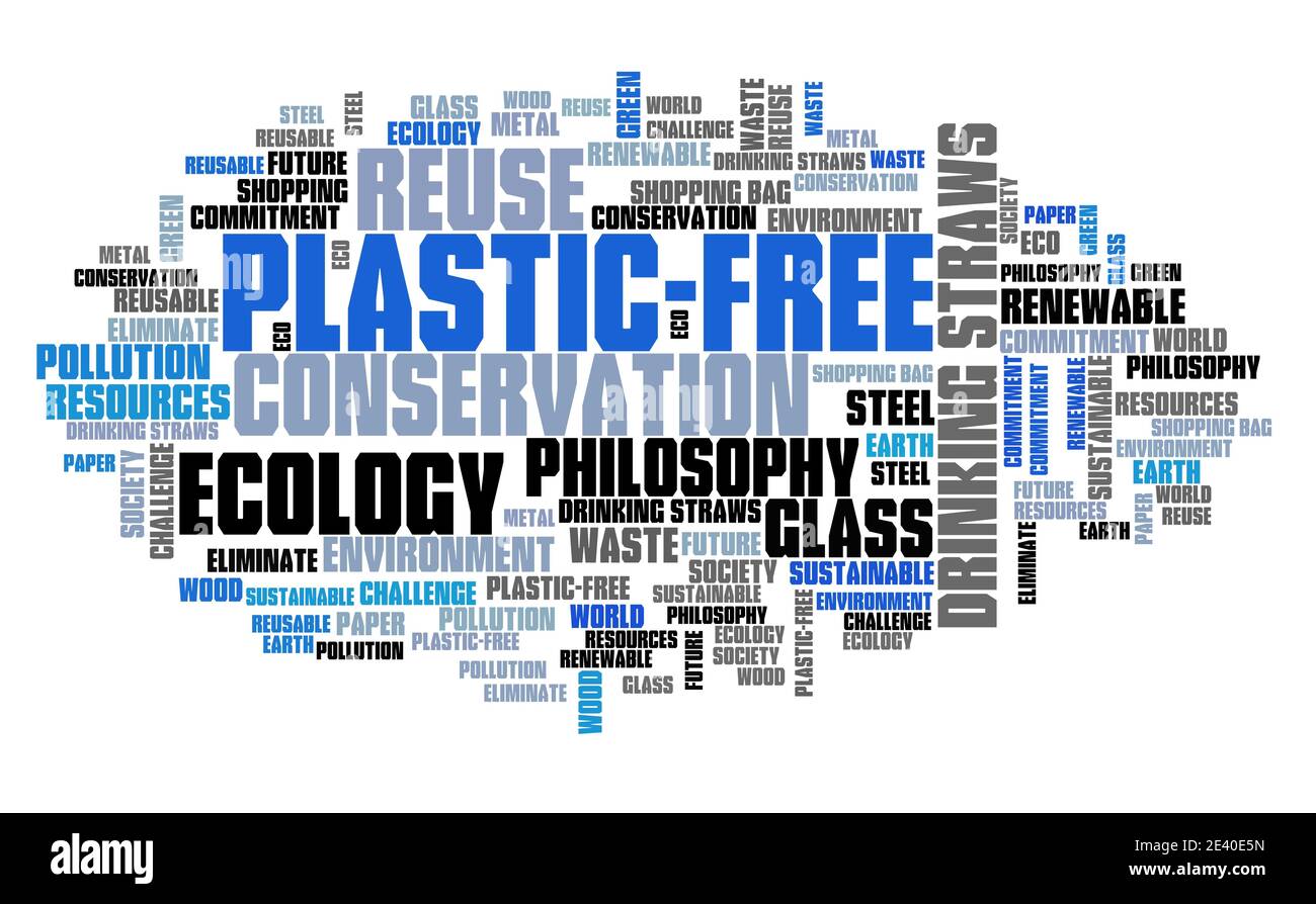 Plastikfreie Philosophie. Kunststoff freies Wort Wolke Text Zeichen. Stockfoto
