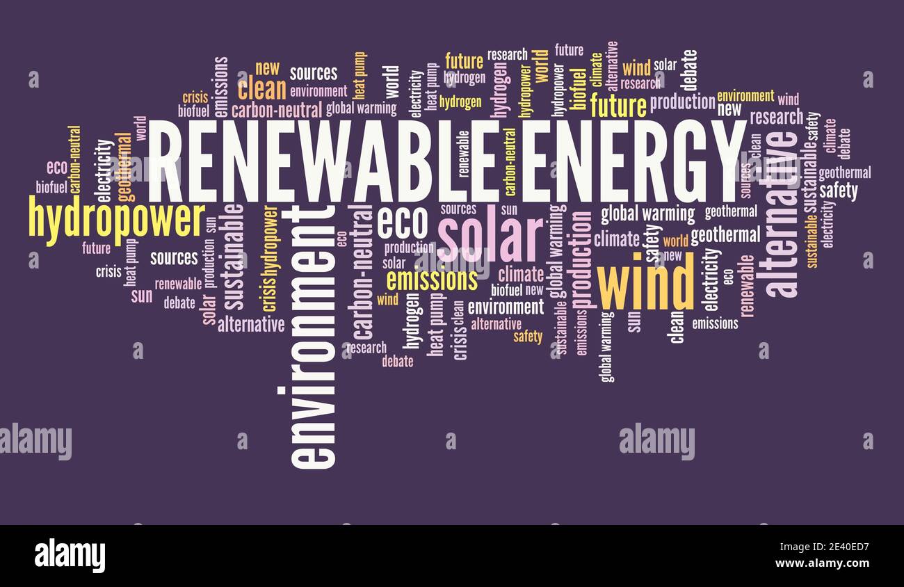 Konzept der erneuerbaren Energien. Alternative Energiequellen Wort Wolke Zeichen. Stockfoto