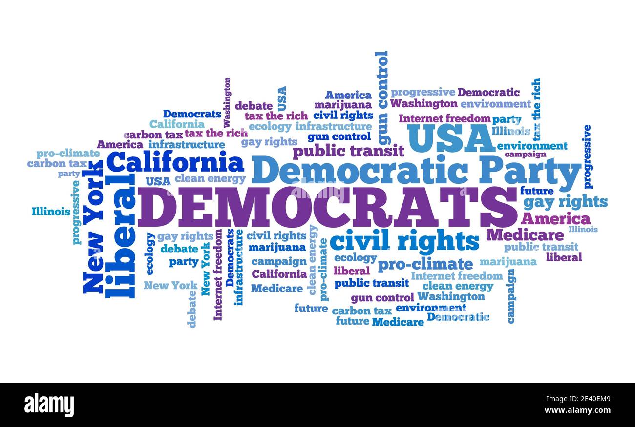 WASHINGTON DC, USA - 11. OKTOBER 2020: Demokratische Parteipolitik und Themen werden als Wortwolke dargestellt. Illustrative redaktionelle Text Zeichen der US-Demokraten Stockfoto