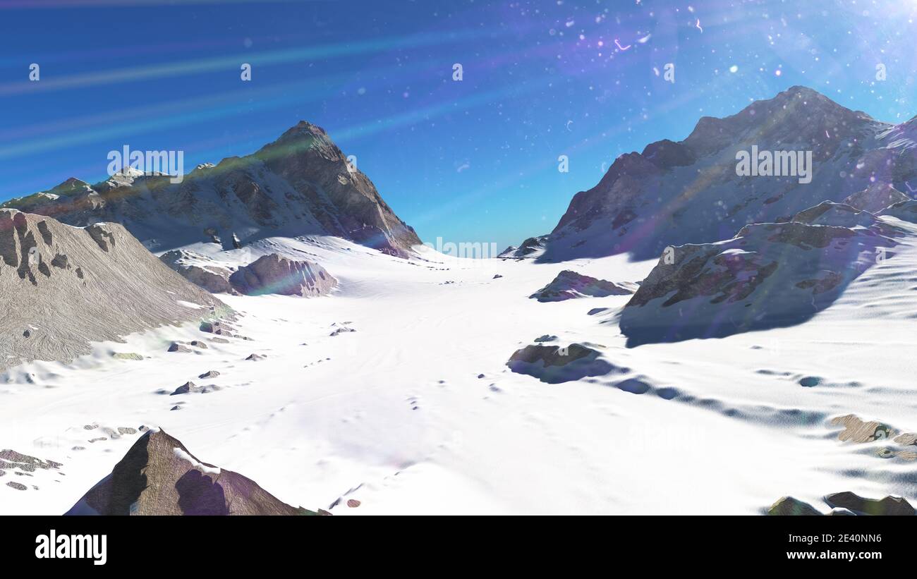 Mountain Snow Sun Ray Illustration, 3d Rendering Stockfoto