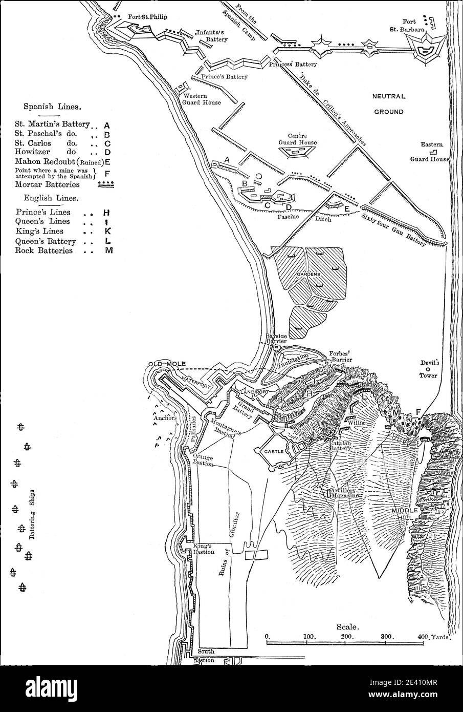 Plan des spanischen Angriffs auf Gibraltar, große Belagerung von Gibraltar, 1782, aus britischen Schlachten auf Land und Meer, von James Grant Stockfoto