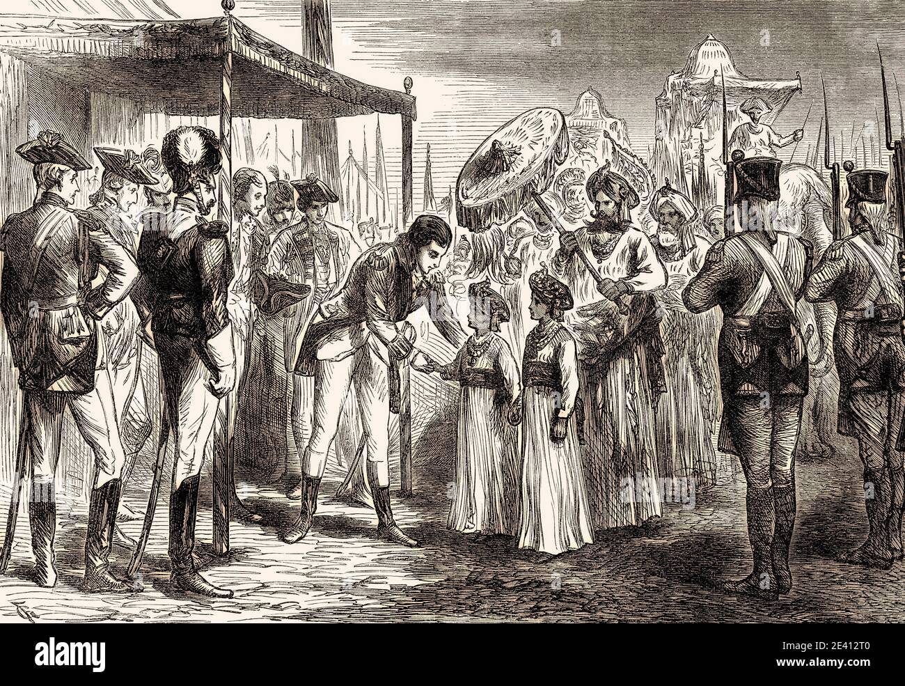 Empfang der Geiseln von Tipu Sahib, Kapitulation von zwei Söhnen von Tipoo Sultan, 1792, Dritter Anglo-Mysore-Krieg, aus britischen Schlachten auf Land und Meer, durch James Grant Stockfoto