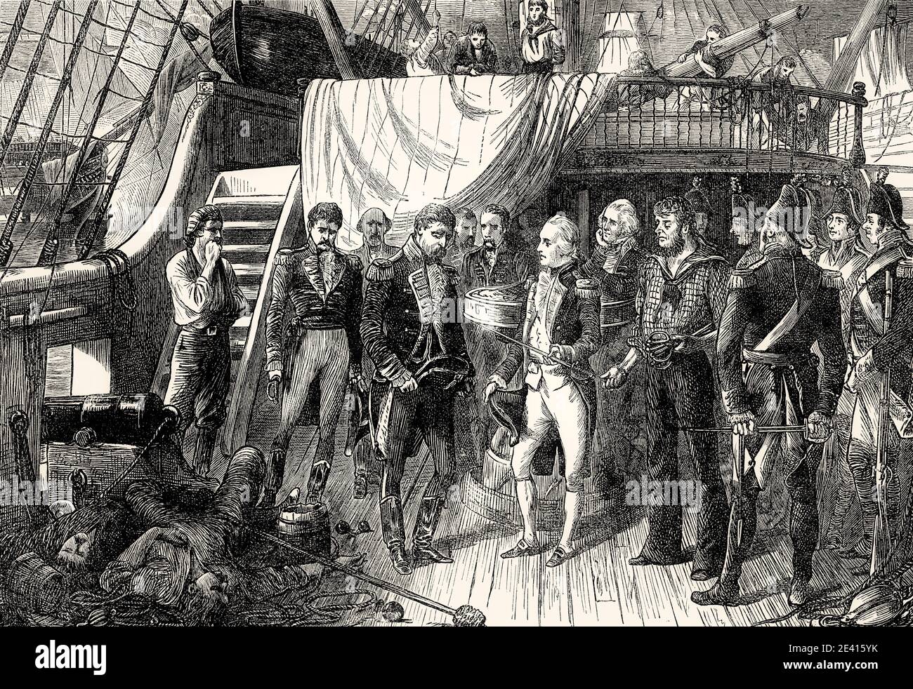 Admiral Horatio Nelson erhält das spanische Admiral-Schwert, Schlacht von Cape St. Vincent, 1797, von britischen Schlachten auf Land und Meer, von James Grant Stockfoto
