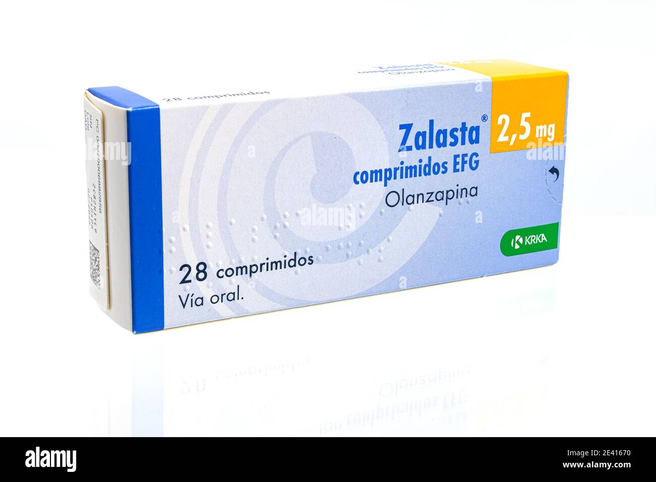 Huelva, Spanien-Januar 21,2021: Box von Olanzapin Marke Zalasta von KRKA Pharmaceutical, das atypische antipsychotische Medikament Olanzapin wurde eingesetzt Stockfoto
