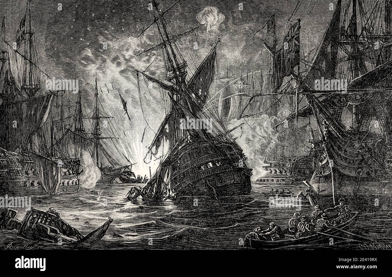 Die Zerstörung von L'Orient in der Schlacht am Nil, 1798, Koalitionskriege, aus britischen Schlachten auf Land und Meer, von James Grant Stockfoto