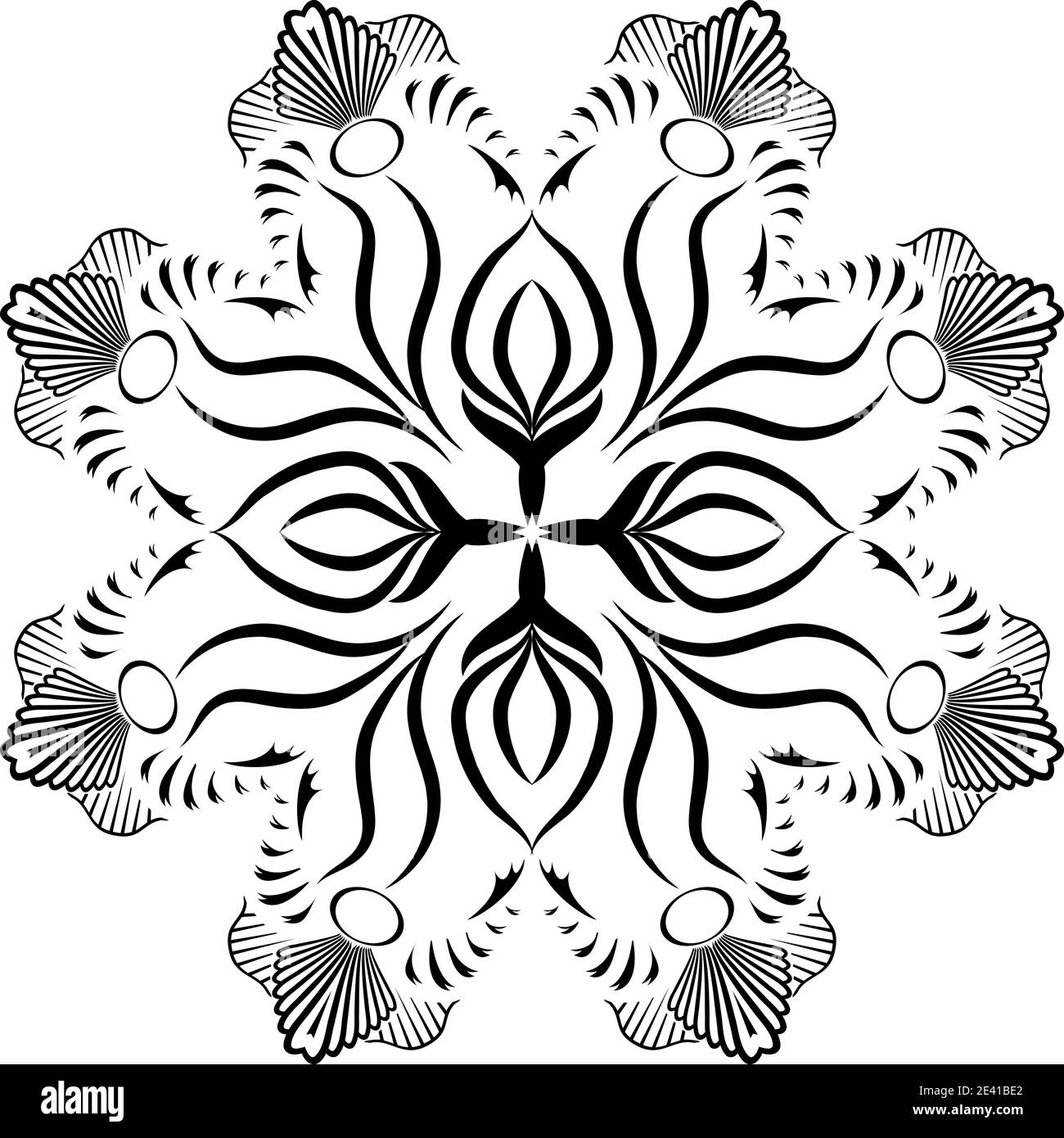 Mandala geometrisches Muster mit schwarzen Linien isoliert auf weißem Hintergrund Stockfoto