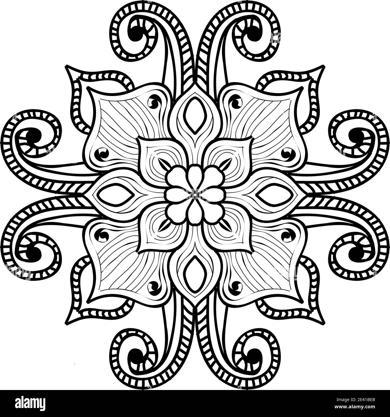 Mandala geometrisches Muster mit schwarzen Linien isoliert auf weißem Hintergrund Stockfoto