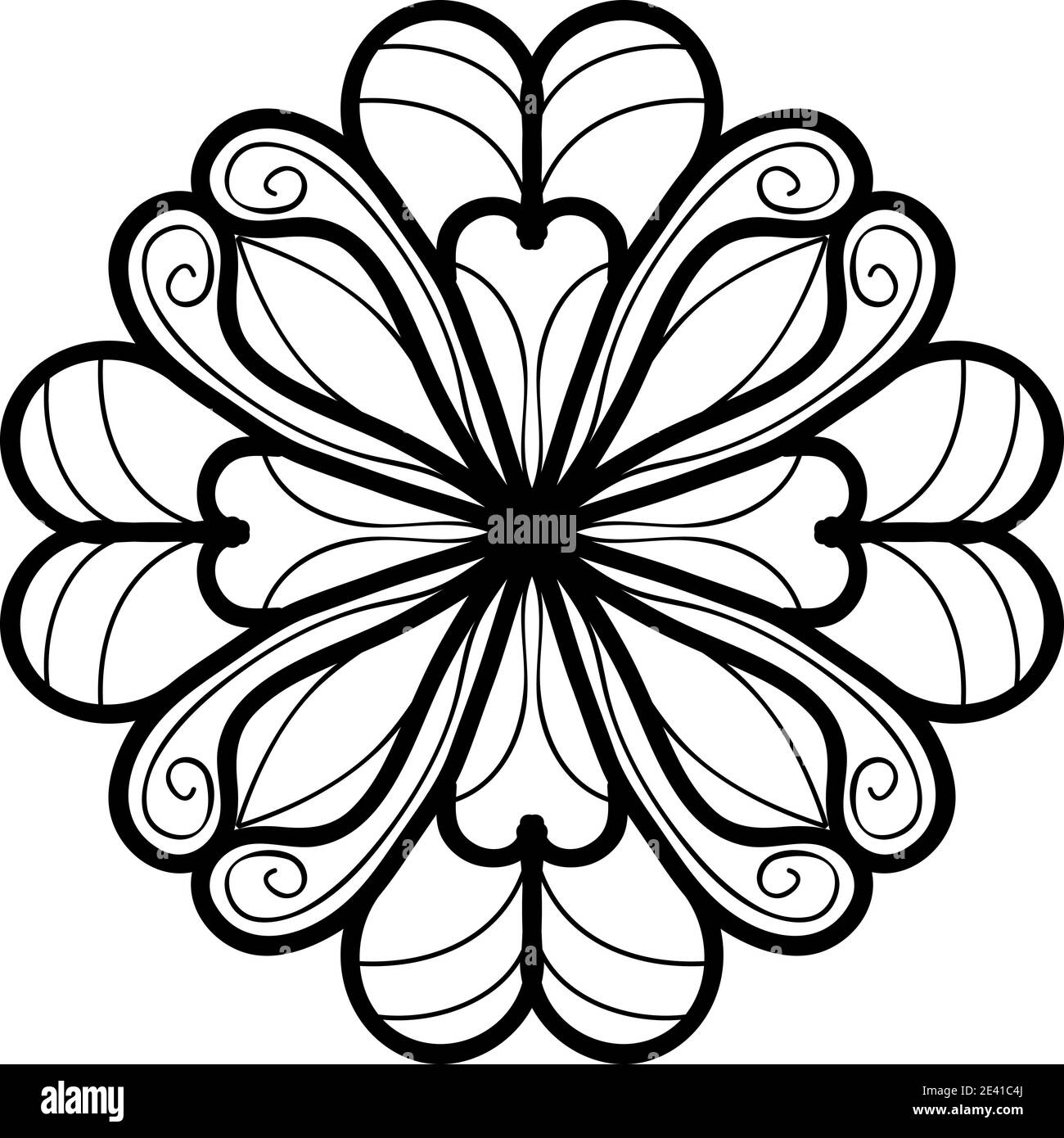 Mandala geometrisches Muster mit schwarzen Linien isoliert auf weißem Hintergrund Stockfoto