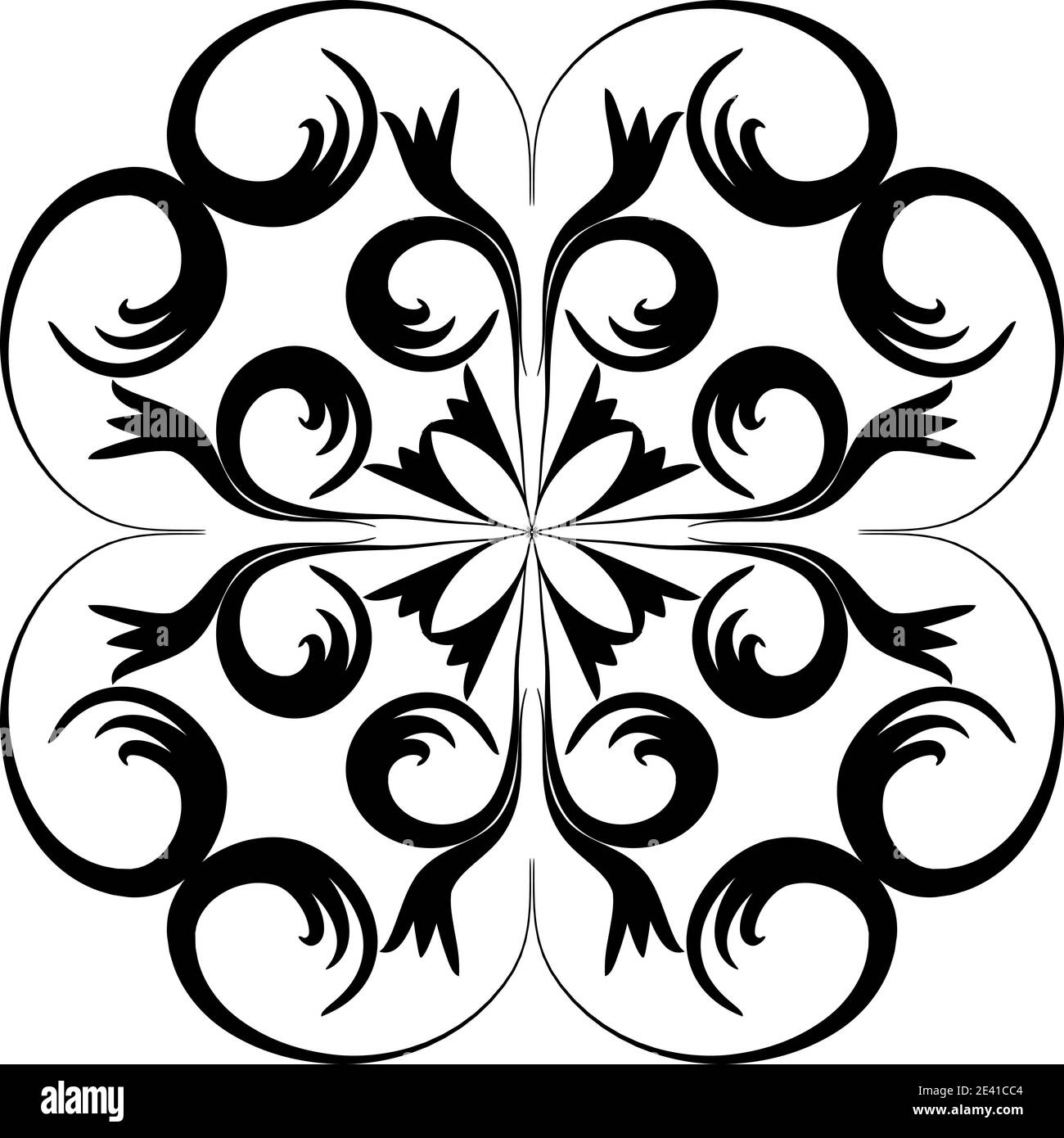 Mandala geometrisches Muster mit schwarzen Linien isoliert auf weißem Hintergrund Stockfoto