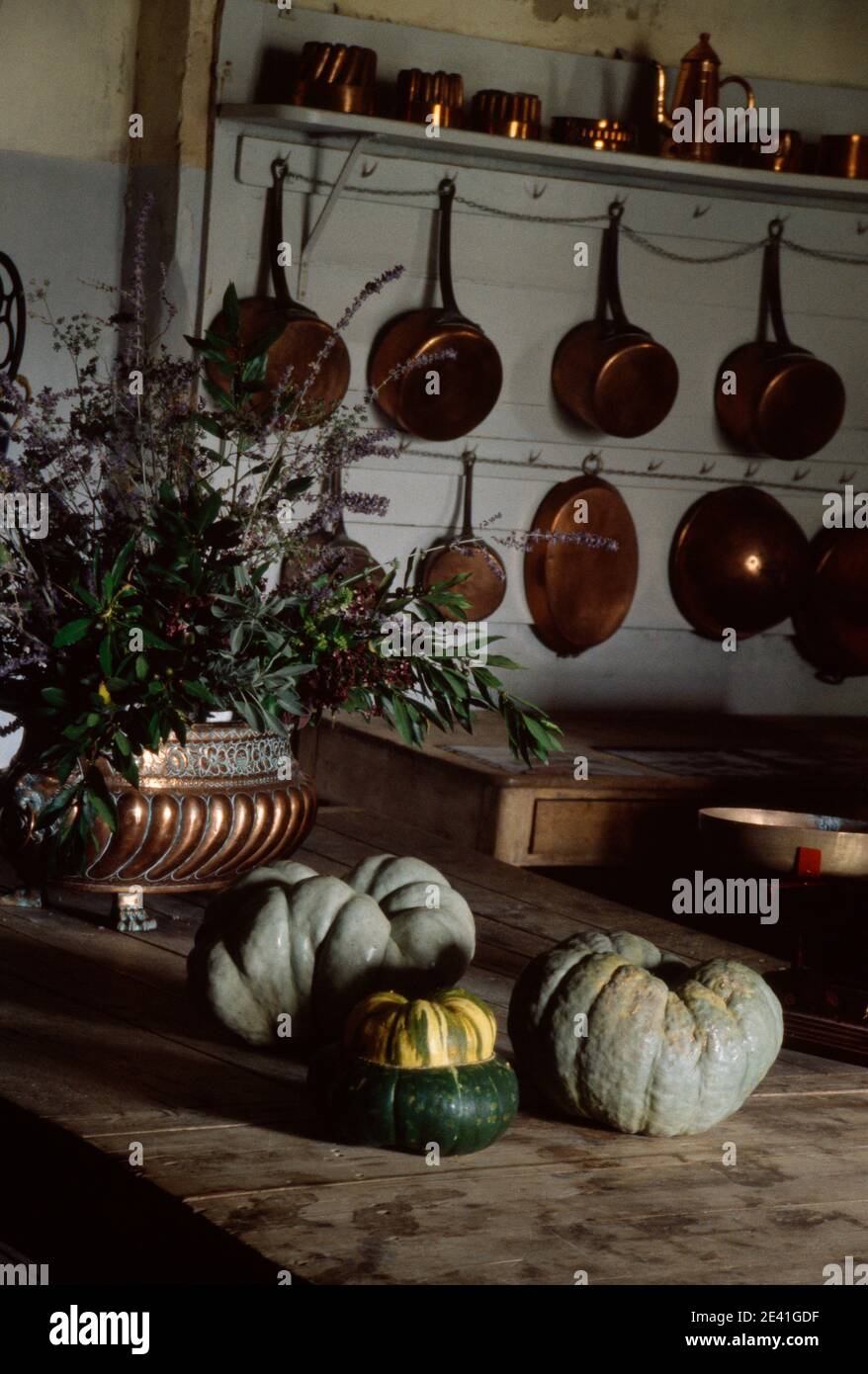 Küche, Kupfertöpfe und Kürbis Stockfoto