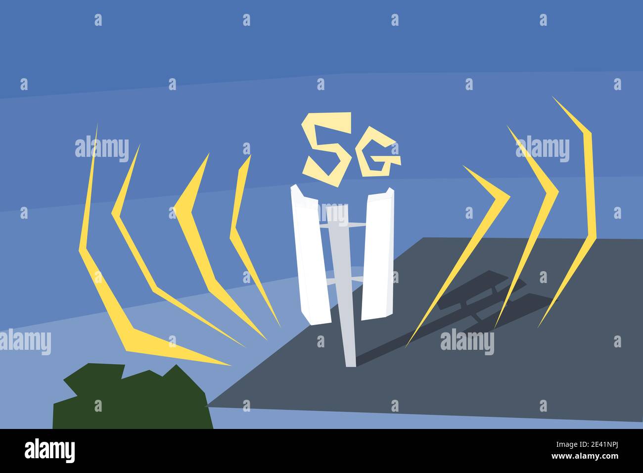 5G-Netzkommunikation und mobile Antenne auf dem Dach eines Mehrfamilienhauses. Schrullige Cartoon-Stil Illustration. Stock Vektor