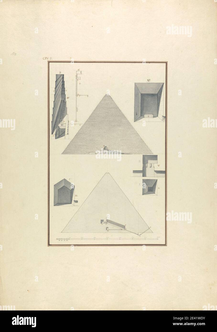 Giovanni Battista Borra, 1713â € "1770, Italienisch, Ansicht, Querschnitt, und andere Details von Cheop's Pyramide in Giza, ca. 1750. Grauwäsche mit schwarzer und brauner Tinte über Graphit auf mäßig dickem, mäßig strukturiertem, beigefarbenem Papier. Architektonisches Motiv, Querschnitt, Höhe (Zeichnung), Pyramide (Grab), Maßstab (Regel), Grab. Ägypten, Frontier, Gizeh Nekropolis, große Pyramide von Gizeh, Matruh Stockfoto