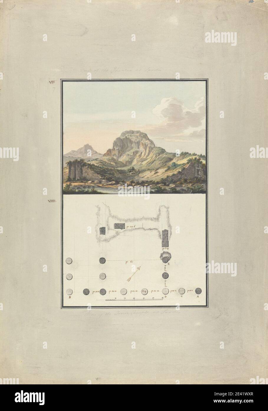 Giovanni Battista Borra, 1713â € “1770, Italienisch, Blick auf das Theater und Plan des ionischen Tempels in Sardis, ca. 1750. Aquarell mit schwarzer und brauner Tinte und grauem Wasch über Graphit auf mäßig dickem, mäßig strukturiertem, cremefarbenen Papier mit grauem Wasch. Architektonisches Thema, Klippen, Hügel, Ionische, Landschaft, Lydian, Berge, Ruinen, Maßstab (Regel), Lageplan, Tempel, Theater. Asien , Ege kiyilari , Manisa Ili , Sardis , Türkei Stockfoto