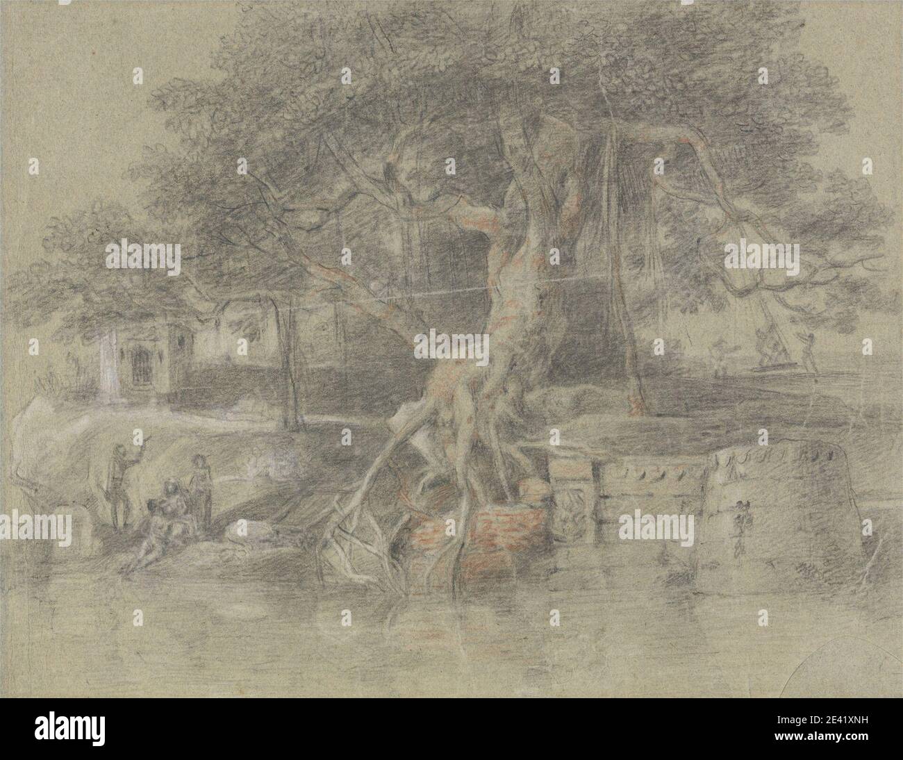 Johan Joseph Zoffany RA, 1733â € "1810, Deutsch, aktiv in Großbritannien (von 1760), EIN Sterben Hindu brachte an den Fluss Ganges, 1788. Schwarze Kreide, rote Kreide und weiße Kreide auf mäßig dickem, leicht strukturiertem, blau gekleidtem Papier. Kinder, Tod, Fort, Spiele, Genre-Thema, Hinduismus, Landschaft, Flüsse, Wurzeln, Stein, Schaukel, Baum. Ganges Stockfoto
