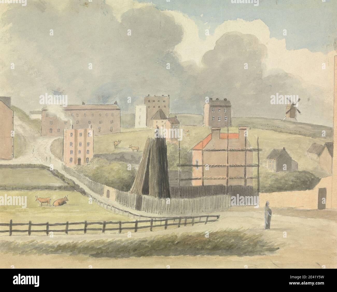 Charles Hamilton Smith, 1776â € "1859, Belgisch, Farming Village, undated. Graphit und Aquarell auf Medium, leicht strukturiert, cremefarbenen Wove Papier. Wolken, Bauernhof, Zaun, Landschaft, Bäume, Dorf, Windmühle Stockfoto