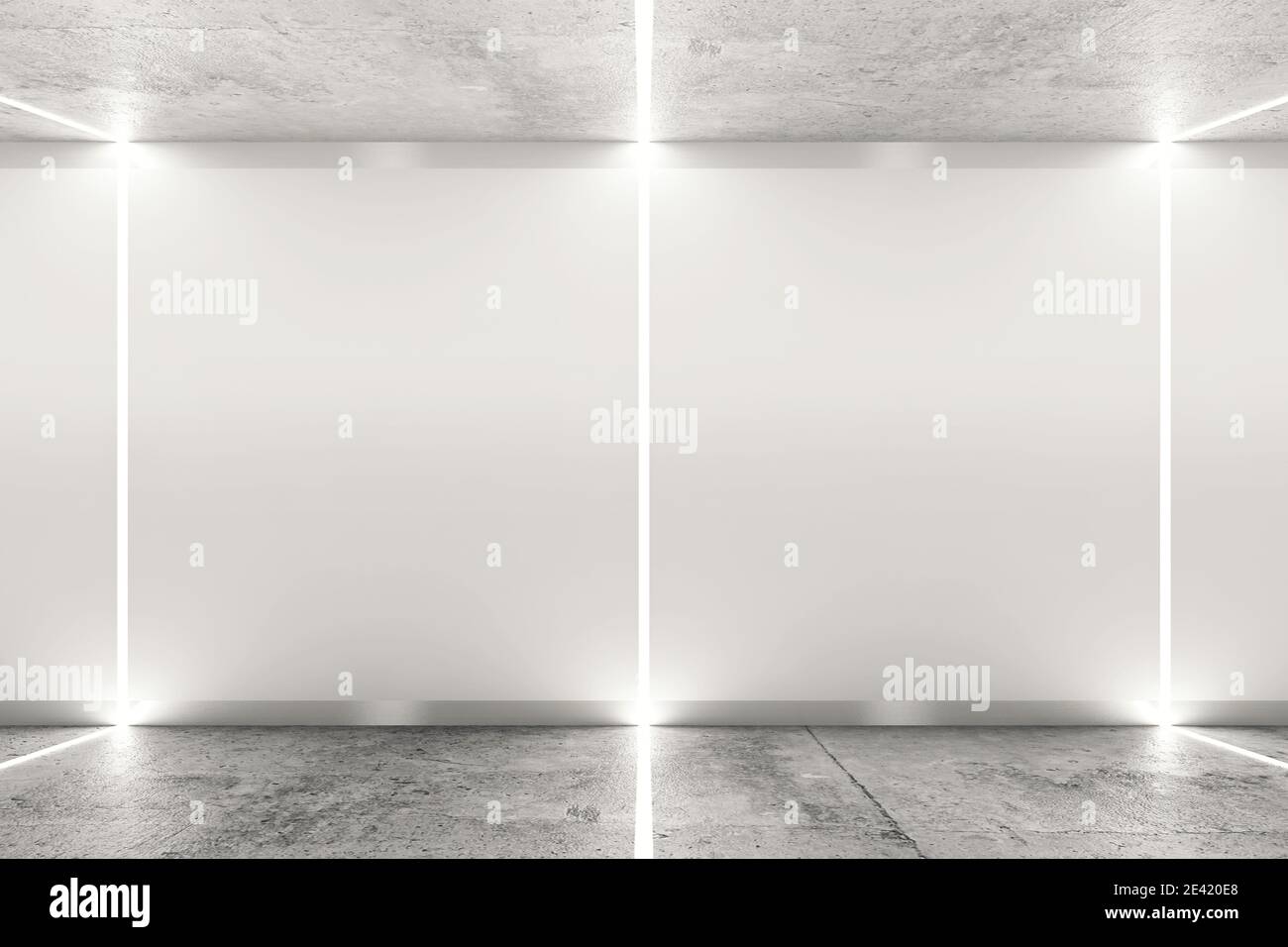 Abstrakter Innenhintergrund mit polierter Betondecke und -Boden, weiße  matte Wand und LED-Streifen-Beleuchtung, 3d-Rendering-Illustration  Stockfotografie - Alamy