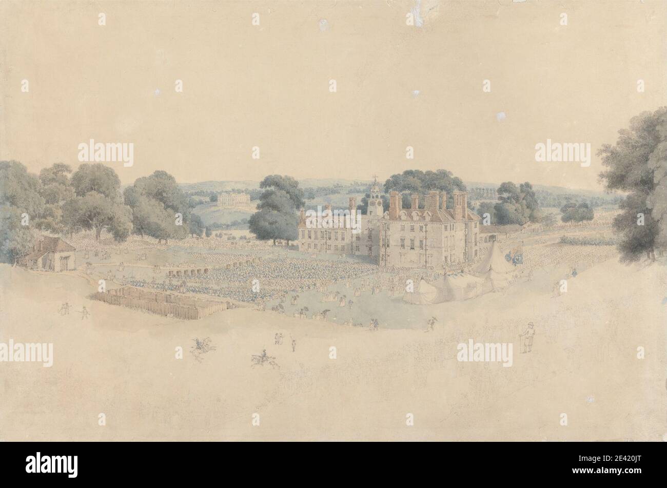 William Alexander, 1767–1816, Brite, das Abendessen im Mote Park, Maidstone, nach der Royal Review of the Kentish Volunteers, ca. 1799. Aquarell über Graphit auf Medium, leicht strukturiert, beige, wove Papier, montiert auf, Medium, mäßig strukturiert, Creme, wove Papier. Architektonisches Thema, Streitkräfte, Feier, Menge, Abendessen, Veranstaltung, Fest, Festival, Essen, historisches Thema, Pferde (Tiere), Landschaft, Herrenhaus, Essen, Männer, Sonnenschirme, Park (Gelände), Zelte, Bäume, Freiwillige, Frauen. England , Kent , Maidstone , Mote Park , Vereinigtes Königreich. Georg III. (1738–1820), König Stockfoto