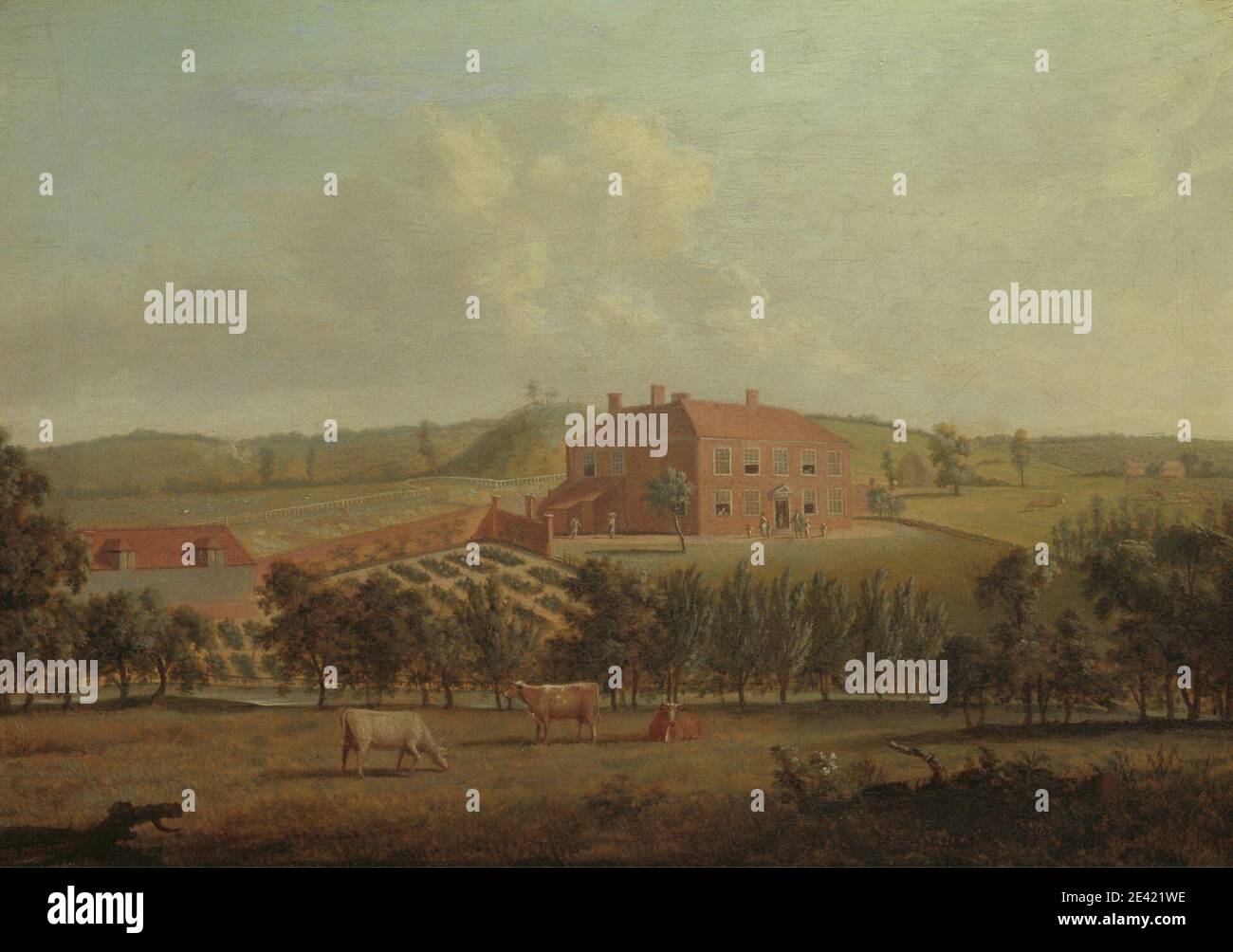 Dominic Serres RA, 1722â € "1793, Französisch, aktiv in Großbritannien (ab den 1750er), Saint Vincents, in der Nähe von West Malling, Kent, ca. 1779. Öl auf Leinwand. Bestattung, Rinder, Kinder, Landhaus, Wohnung, Familie, Zaun, Feld, Garten, Kies, Weiden, Hecken, Hügel, Küchengarten, Landschaft, Rasen, Vieh, Männer, Weiden, Giebel, Bäume, Ansicht, Frau. Addington , England , Kent , Vereinigtes Königreich , West Malling Stockfoto