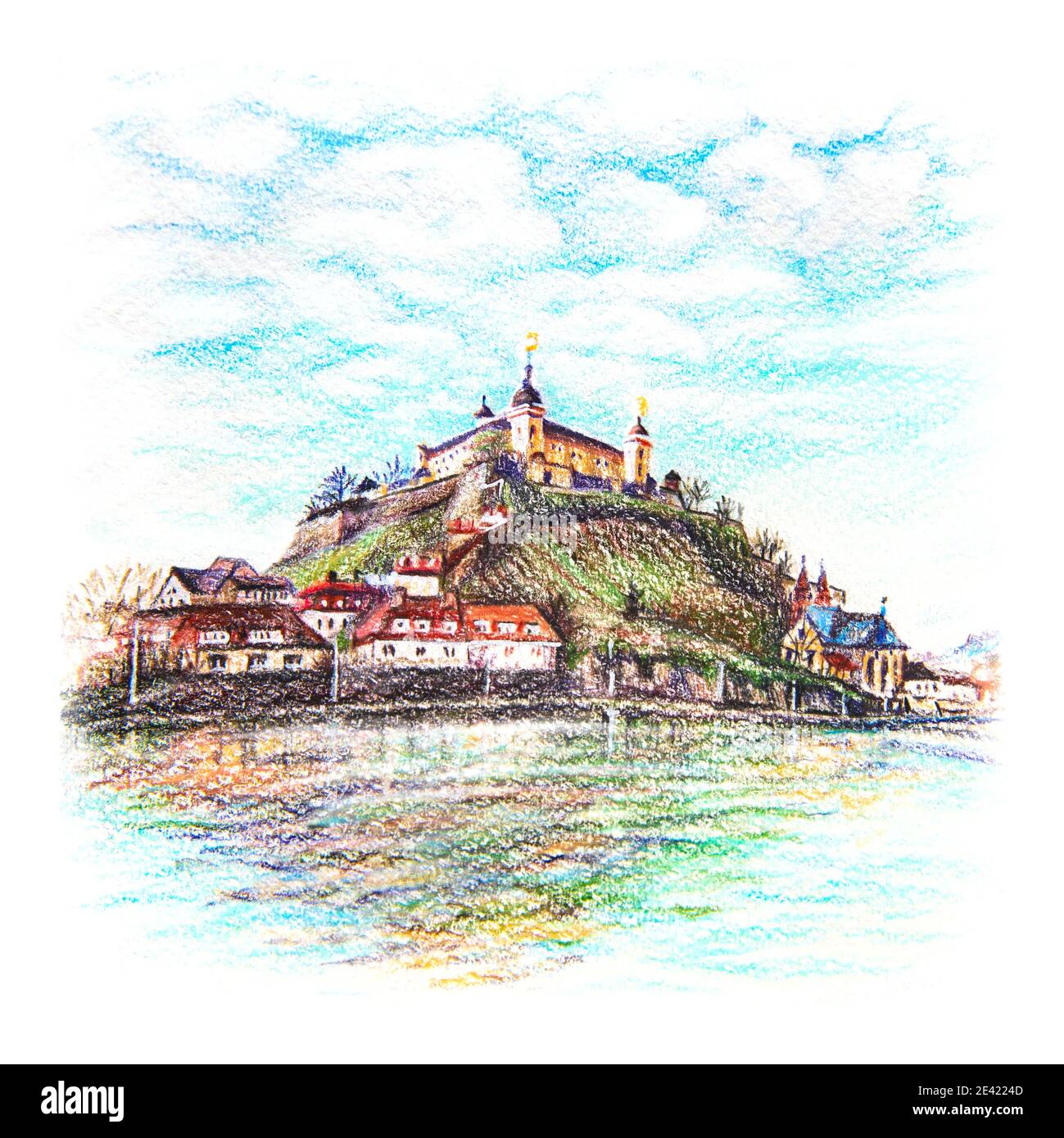 Bleistiftskizze mit Koplorierung der Festung Marienberg in Würzburg, Franken, Bayern, Deutschland Stockfoto