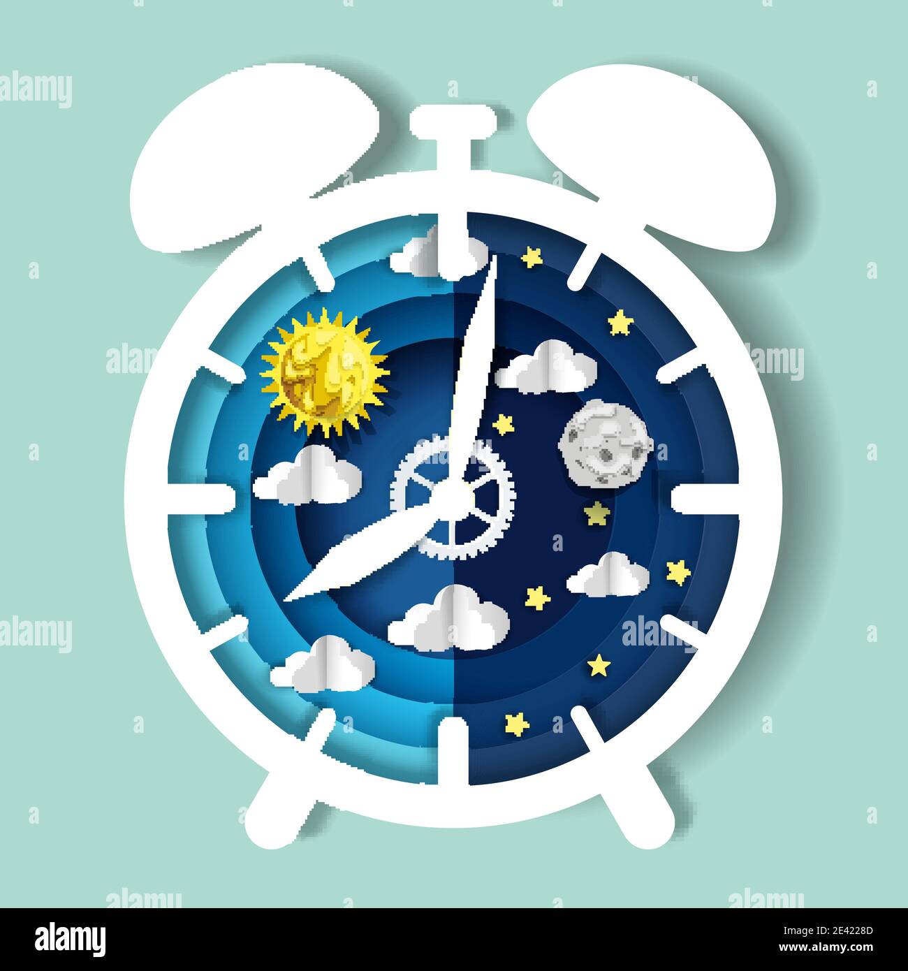 Papierschnitt Handwerk Stil Uhr mit Tag und Nacht Himmel auf dem Zifferblatt, Vektor-Illustration. Einschaltzyklus. Zirkadianer Rhythmus. Stock Vektor