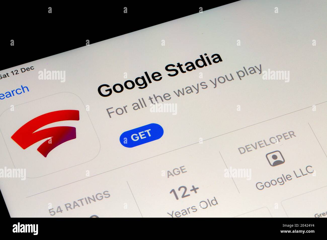 Ostersund, Schweden - 12. Dezember 2020: Google Stadia App auf dem ipad. Stadia ist ein von Google entwickelter und betriebener Cloud-Gaming-Dienst. Stockfoto