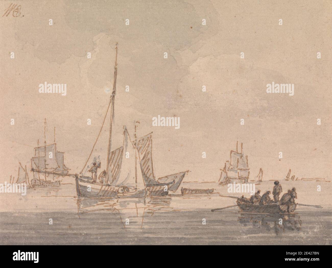 John Cleveley der Jüngere, 1747â € "1786, Briten, Shipping in einer ruhigen, undated. Stift und braune Tinte mit grauem Wash auf Medium, mäßig strukturiert, cremefarbenes Papier auf Medium, mäßig strukturiert, beigefarbenes Wove Papier montiert. Marine Kunst, Ruderboot, Segel, Meer, Schiffe Stockfoto