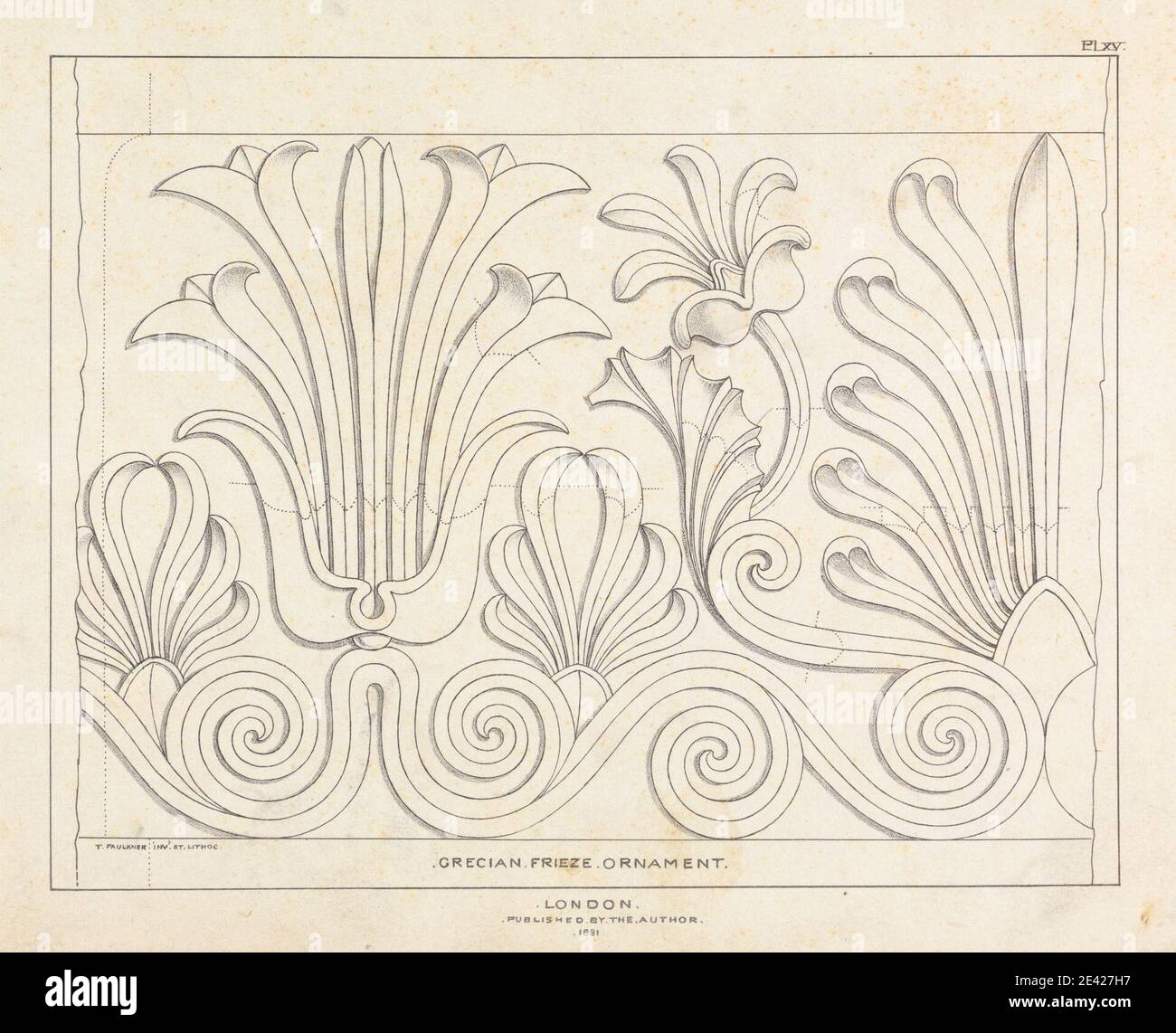 Druck gemacht von Augustus Welby Northmore Pugin, 1812â€“ 1852, britisch, Grecian Frieze Ornament, 1831. Lithographie auf mittlerem, leicht strukturiertem, cremefarbenem Wove-Papier. Architektonisches Motiv Stockfoto