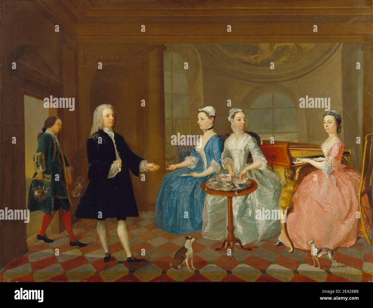 Unbekannter Künstler, achtzehnten Jahrhundert, EINE Familie mit Tee serviert, ca. 1745. Öl auf Leinwand. Keks, Gespräch Stück, Familie, Essen, Interieur, Mann, Musik, Malerei (visuelle Arbeit), Klavier, Pianoforte, Porträt, Diener, Tisch, Tee, Tee-Set, Teekanne, Fenster, Frauen Stockfoto