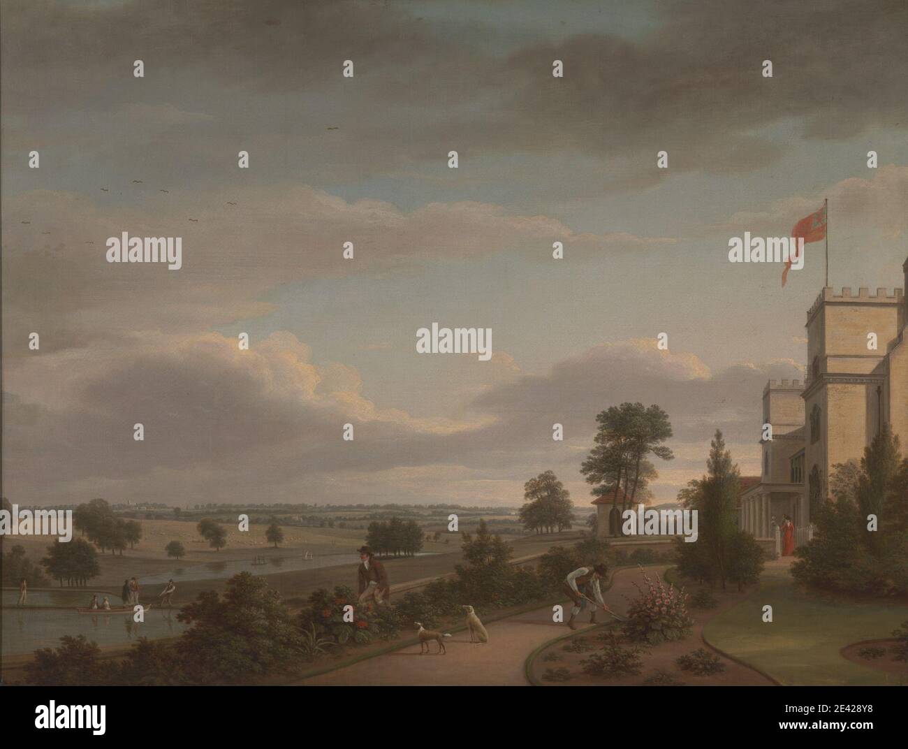 Unbekannter Künstler, neunzehnten Jahrhundert, EIN Landhaus in einer Flusslandschaft, zuvor identifiziert als Oatlands, ca. 1805. Öl auf Leinwand. Architektonisches Thema, Vögel, Boote, Landhaus, Landhaus, Hunde (Tiere), Auffahrt, Felder, Flagge, Blumenbeete, Gärtner, Grundstück, Herde, Hollyhocks, See, Landschaft, Männer, Park (Gelände), Pfad, Straße, Serpentin, Schaufel, Wasser, Frauen, Arbeiter. England , Themse , Vereinigtes Königreich Stockfoto
