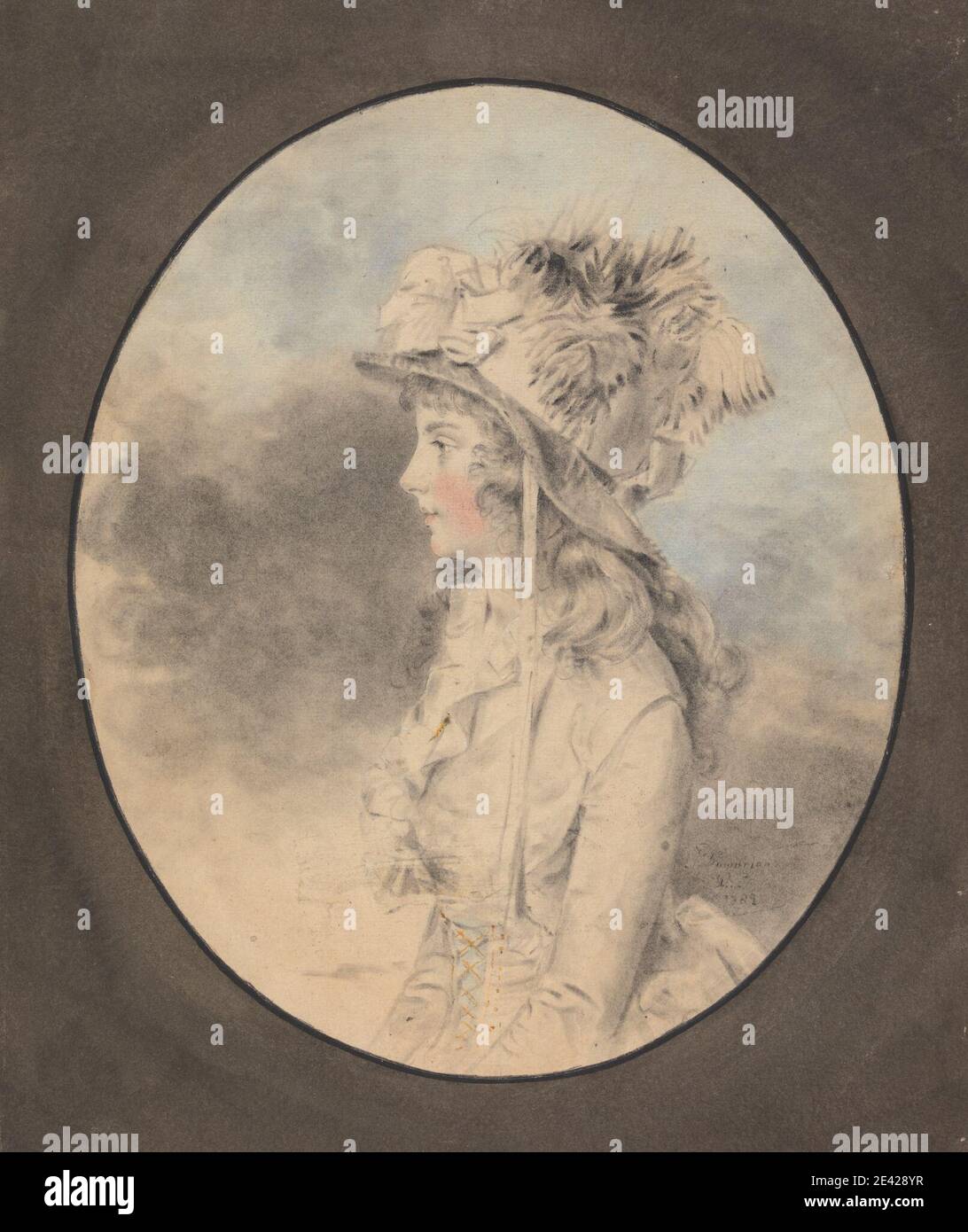 John Downman, 1750â € "1824, britische, Miss Nott, 1789. Aquarell mit schwarzer und roter Kreide mit Stumpfen auf dünnes, glattes, cremefarbenes Papier. Haube, Mädchen, Portrait Stockfoto