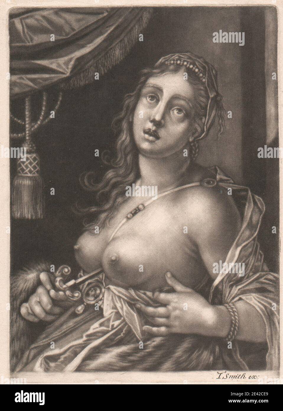 Druck von unbekanntem Künstler, siebzehnten Jahrhundert, Lucretia, ca. 1684. Mezzotinta auf Medium, mäßig strukturiert, creme, gebeiztes Papier. Stockfoto