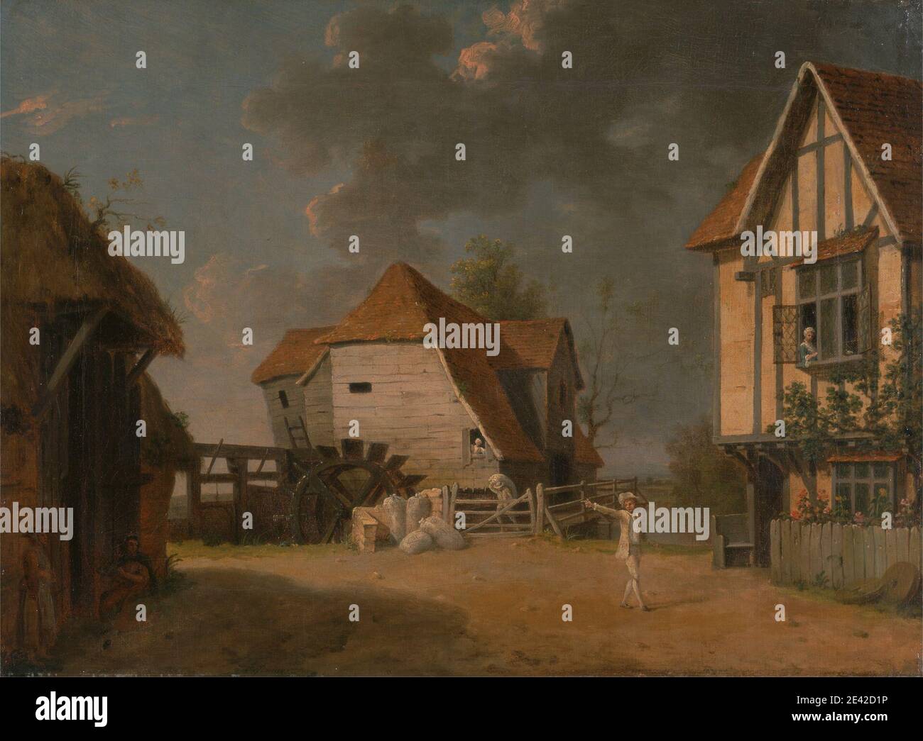 John Inigo Richards RA, 1730/31?â € "1810, britische, EINE Szene aus "die Maid of the Mill", 1765. Öl auf Leinwand. Schauspieler, Scheune, Wolken, Hütte, Hof, Zaun, Heu, Haus, Illustration, Männer, Leistung, Spiel, Bühne, Stadt, Wasser, Rad, Fenster, Frauen, Hof Stockfoto
