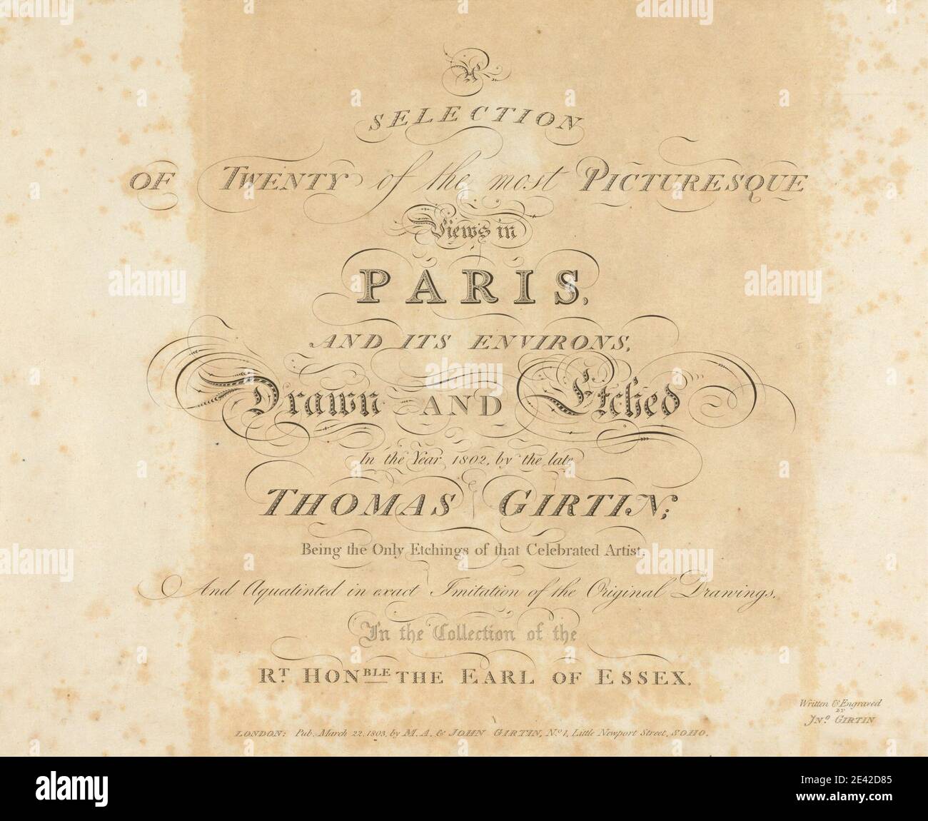 James Girtin, ca. 1780â€“ nach 1820, Titelseite für: Eine Auswahl der malerischsten Aussichten in Paris und Umgebung, 1803. Radierung auf mäßig dickem, leicht strukturiertem, cremefarbenen Papier. Stockfoto